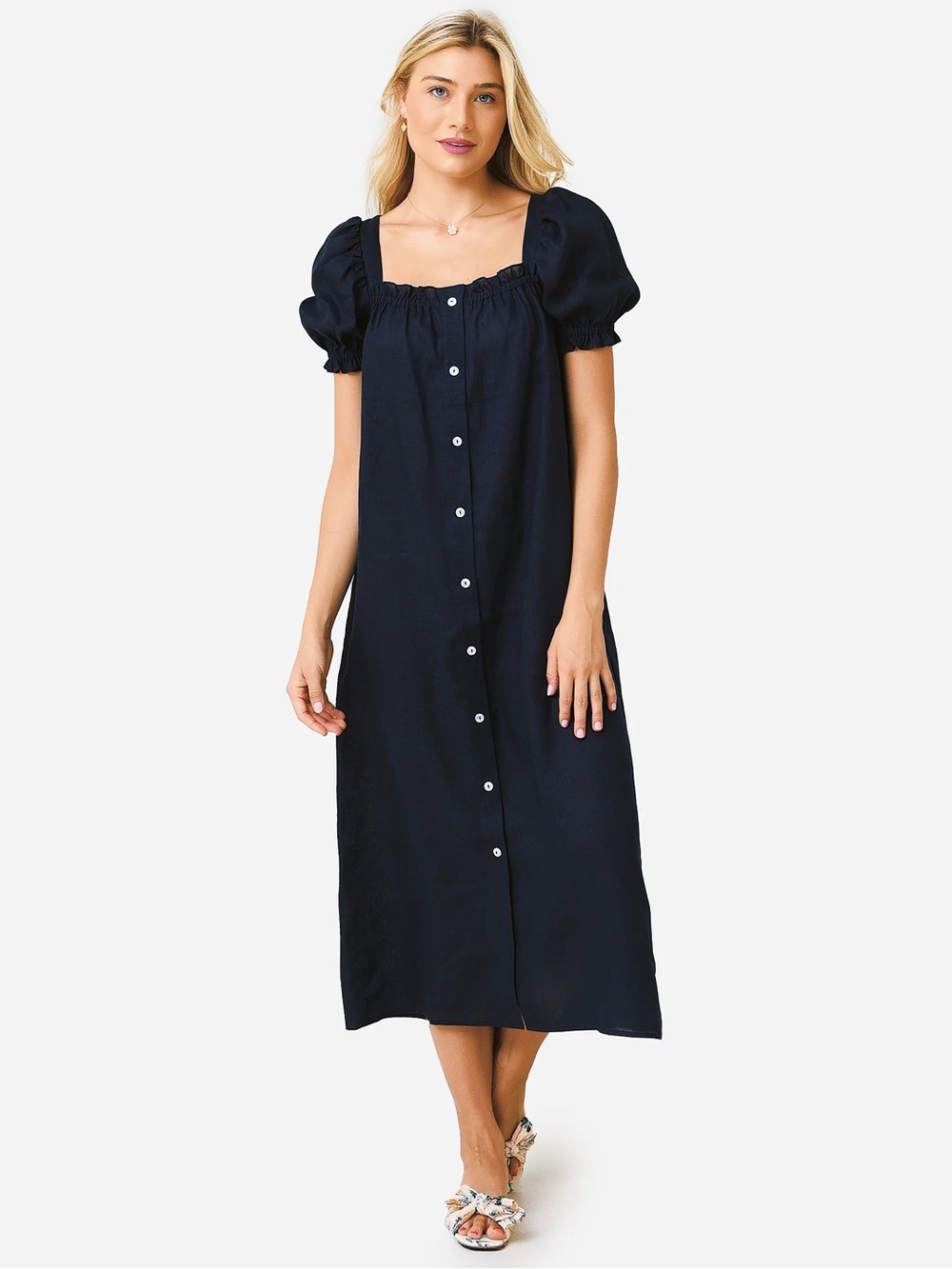 Sleeper Brigitte Linen Midi Dress Navy Blue Puff Sleeve Button-Front Anthro